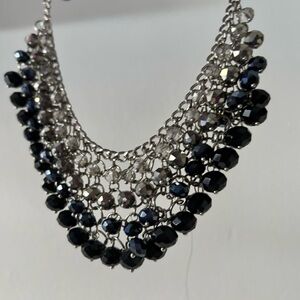 Ali Khan New York Navy Blue Silver Statement Necklace Beaded Dangle Layered